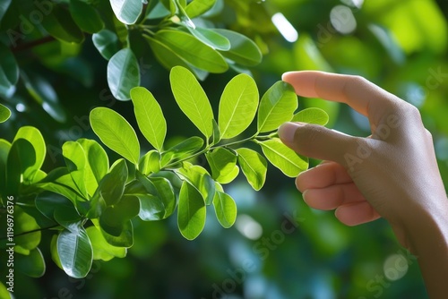 A human hand stretching out to grasp a single leaf, highlighting the connection between nature and humanity photo