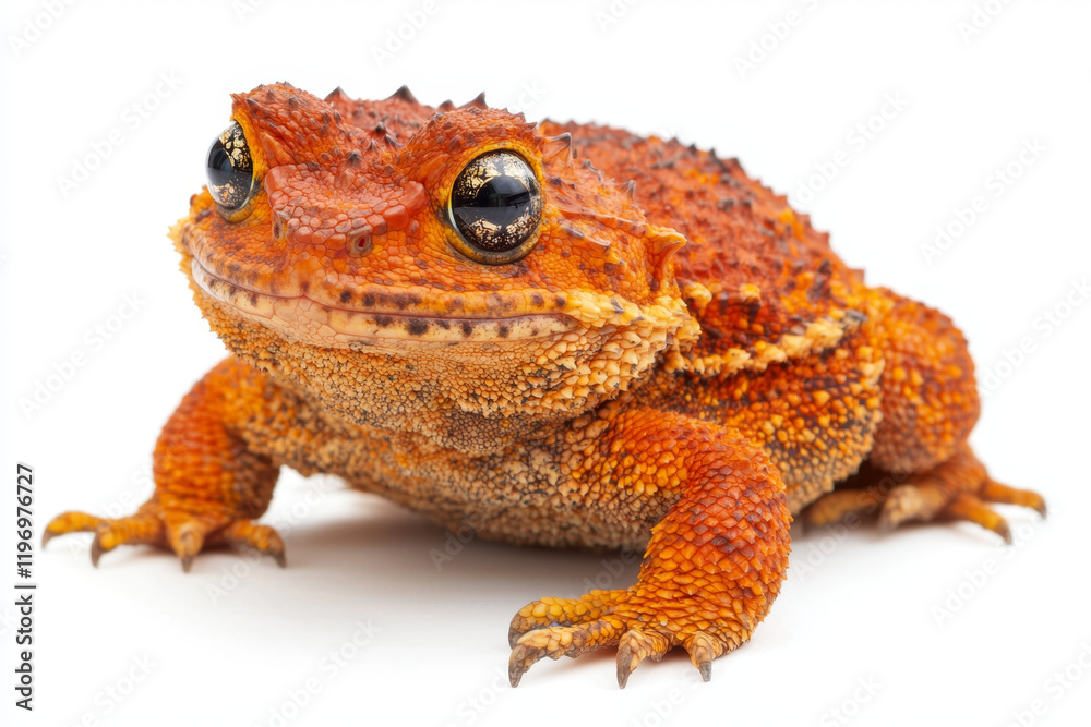Naklejka premium Vibrant orange toad, striking eyes, textured skin, isolated on white.