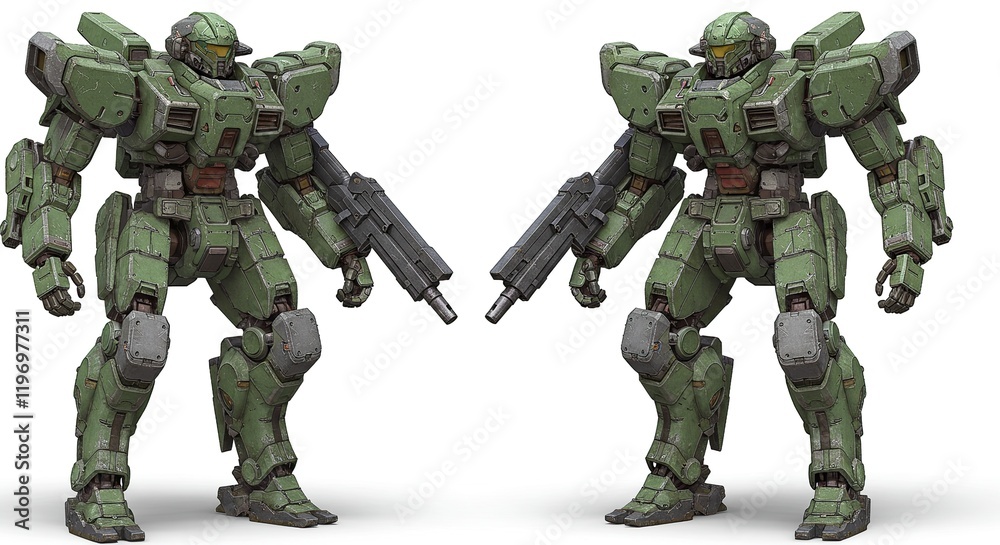 Combat-Ready Mechs Face-Off - Intricate Illustration of Futuristic Armored Robots with Heavy Weaponry. Combat-Ready Mechs Face-Off - Intricate Illustration of Futuristic Armored Robots with Heavy Weaponry.