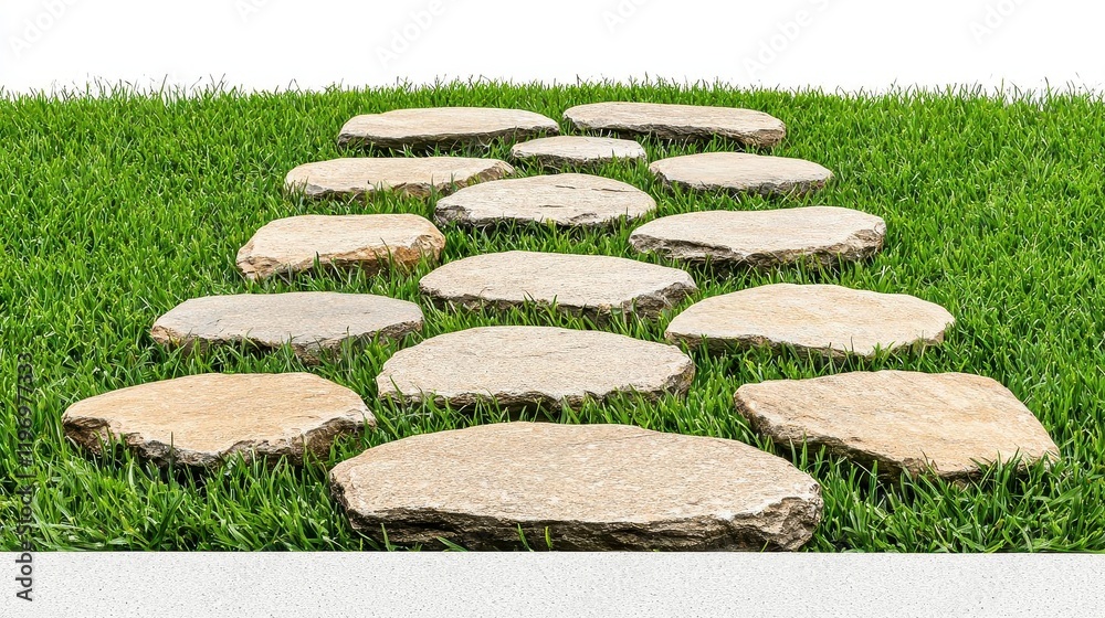 A photostock of a cobblestone pathway with natural textures, placed neatly on a clean white surface, symbolizing timeless design and outdoor aesthetics. High Quality