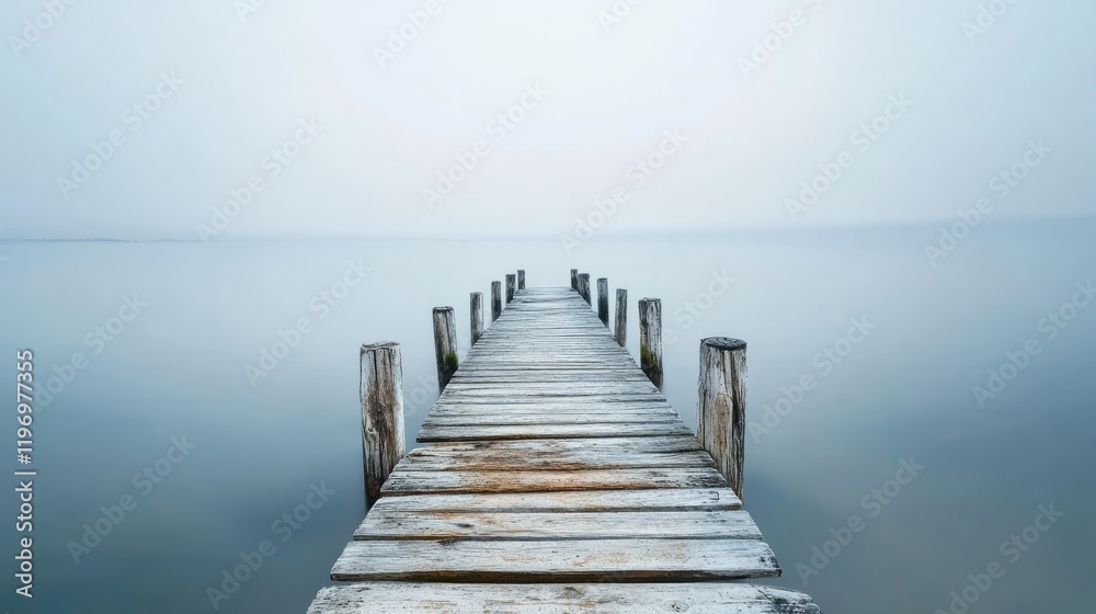 Obraz premium A serene wooden pier stretches into still water surrounded by a soft, hazy ambiance. Gentle ripples disturb the reflection of the cloudy sky, creating a peaceful atmosphere