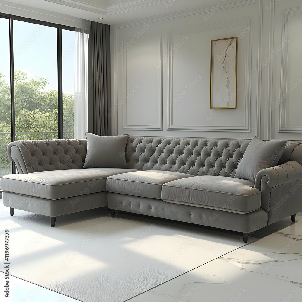 Fototapeta premium Elegant Grey Velvet Sectional Sofa in Modern Living Room