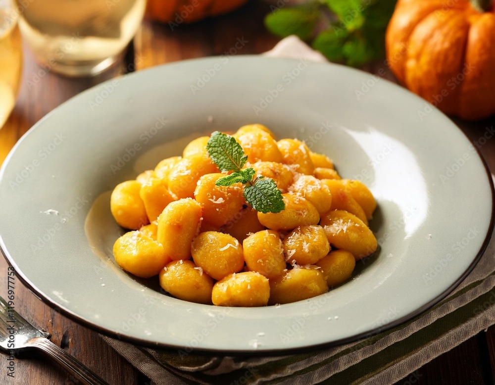 Traditional italian Pumpkin Gnocchi on a white plate on wooden table with fresh pumpkins. Generated image Traditional italian Pumpkin Gnocchi on a white plate on wooden table with fresh pumpkins. Generated image