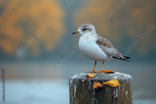 A bird sitting on a wooden post near water, possibly a lake or river