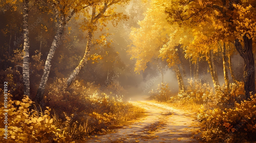 Fototapeta premium Serene Autumn Landscape with Golden Foliage, Sunlit Pathway, and Misty Forest Creating a Tranquil Atmosphere in Nature's Heart