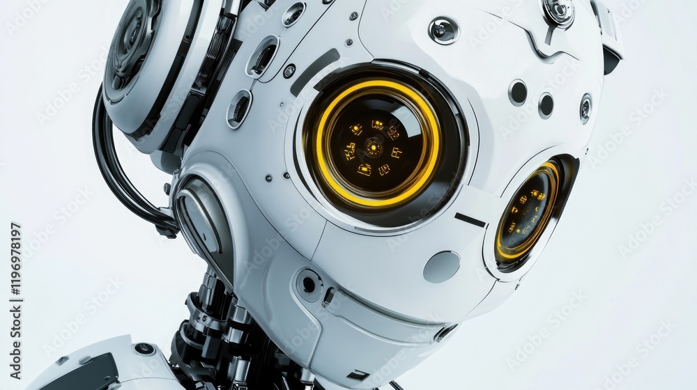 Fototapeta premium A robotic head with glowing yellow eyes