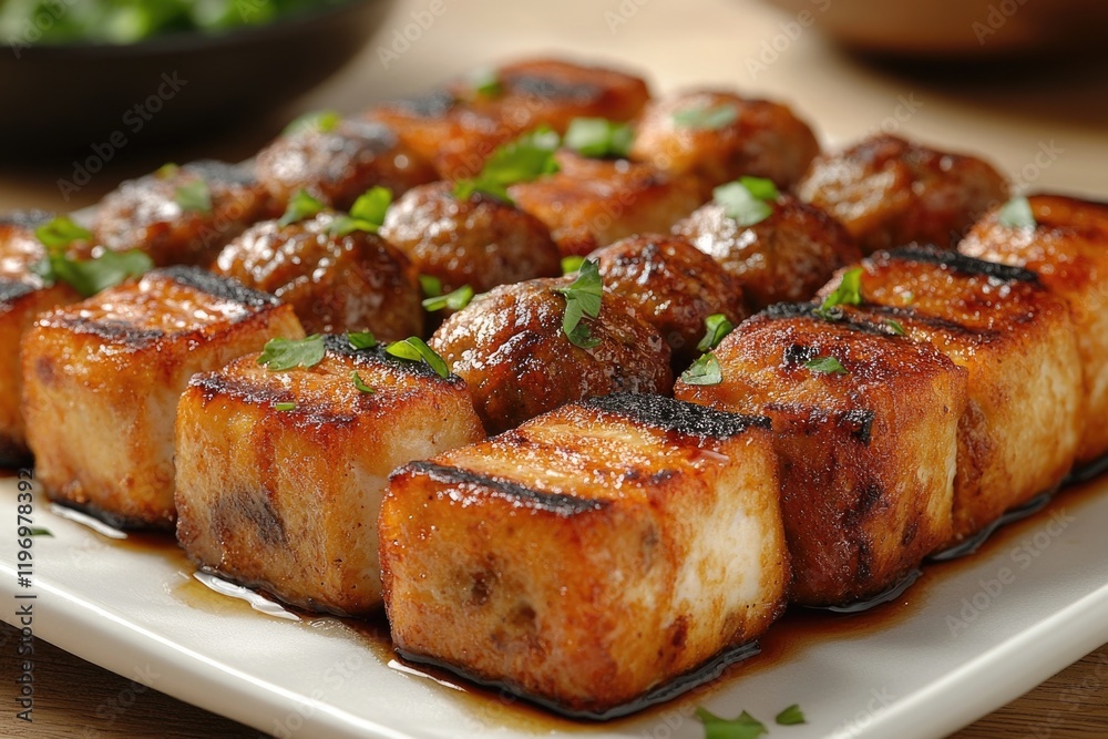 A plate of meat covered in savory sauce, perfect for a casual dinner or food styling A plate of meat covered in savory sauce, perfect for a casual dinner or food styling