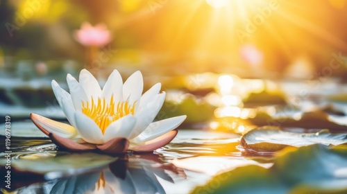 Delicate white lotus flower floating on the water surface, with sunlight streaming through surrounding leaves, creating a peaceful scene