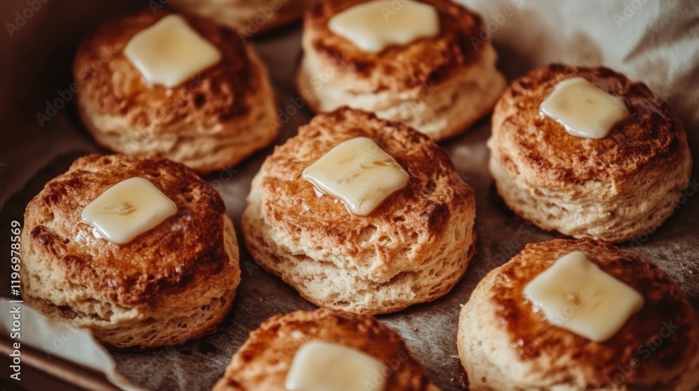 Freshly baked scones with melted butter on top, arranged on a baking tray lined with parchment paper, evoking a cozy, home-baked feel Freshly baked scones with melted butter on top, arranged on a baking tray lined with parchment paper, evoking a cozy, home-baked feel
