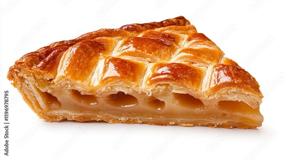A photostock of a golden slice of freshly baked pie, displayed elegantly against a clean white background, symbolizing comfort and indulgence. High Quality A photostock of a golden slice of freshly baked pie, displayed elegantly against a clean white background, symbolizing comfort and indulgence. High Quality