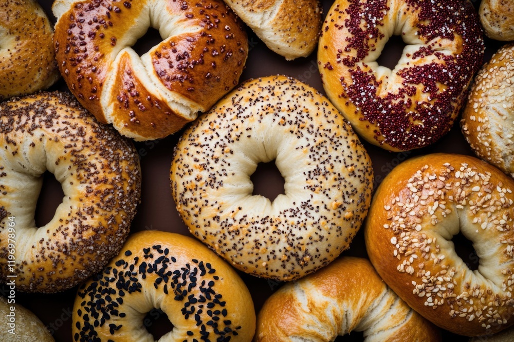 A collection of freshly baked bagels arranged on a table, ready for serving or display A collection of freshly baked bagels arranged on a table, ready for serving or display