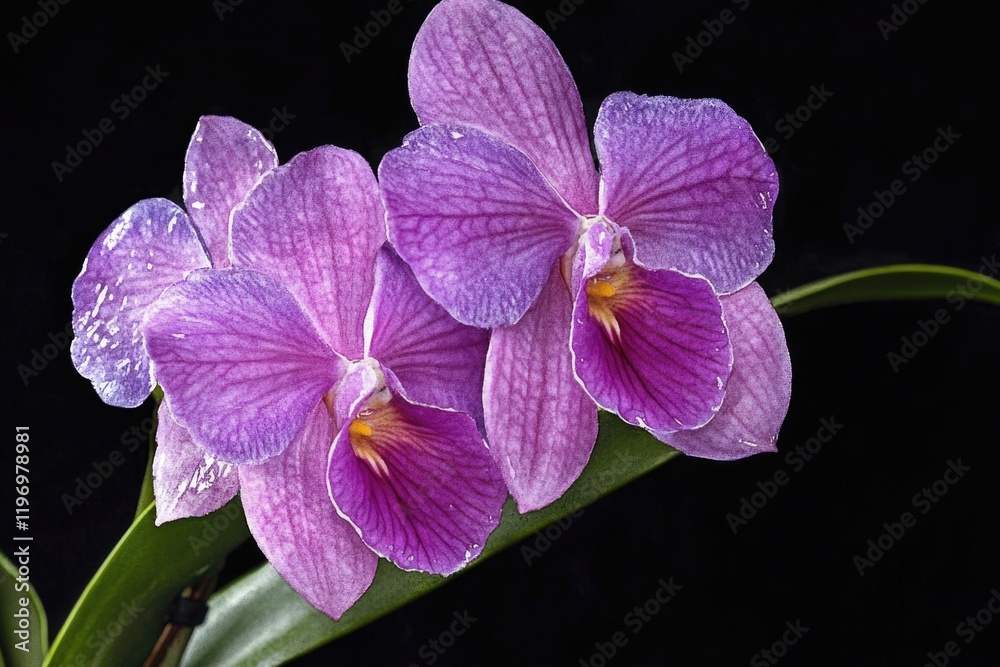 Close-up view of two purple flowers on a plant with green leaves