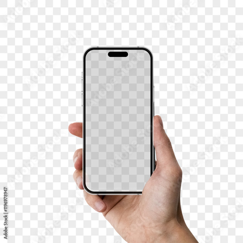 Hand holding the black smartphone with blank screen and modern - isolated on white background - Clipping Path Vector