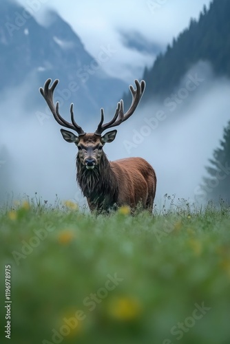 A single deer standing in a green field with mountains visible in the background, great for outdoor or wildlife themed projects photo