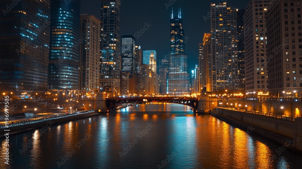 Fototapeta premium High-rise buildings illuminated at night with lights reflected on a nearby river, creating a calm, urban nightscape