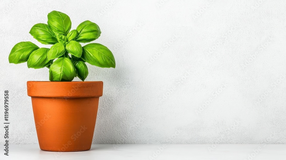 A photostock of a lush green basil plant growing in a terracotta pot, placed neatly on a clean white surface, symbolizing freshness and culinary inspiration. High Quality A photostock of a lush green basil plant growing in a terracotta pot, placed neatly on a clean white surface, symbolizing freshness and culinary inspiration. High Quality