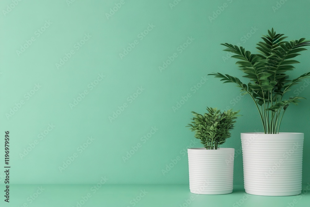 A serene interior featuring two plants in white pots against a calming mint green backdrop, adding a touch of nature to the space.