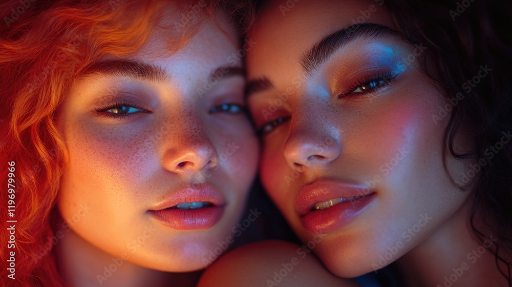 Two women with freckles on their hair, smiling and looking directly at the camera Two women with freckles on their hair, smiling and looking directly at the camera