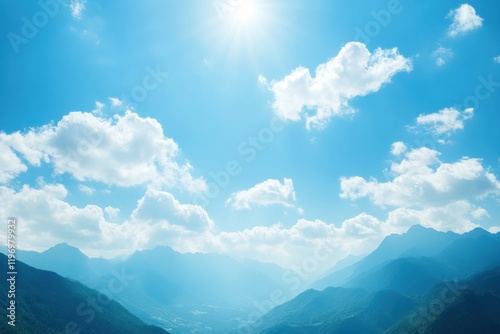 Fototapeta Naklejka Na Ścianę i Meble -  Serene blue sky with fluffy clouds over majestic mountain range in bright daylight inviting endless possibilities for text. Generative AI