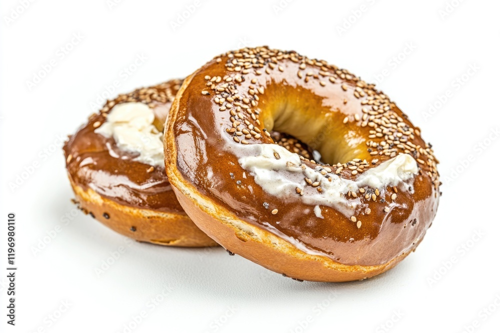 Two bagels sit on a white surface, awaiting use or display Two bagels sit on a white surface, awaiting use or display