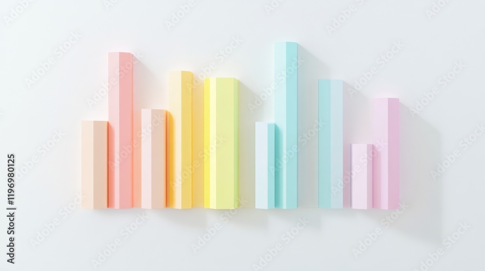 Minimal D bar graph in pastel colors, with shadows cast across a white background, creating a soft and elegant visual Minimal D bar graph in pastel colors, with shadows cast across a white background, creating a soft and elegant visual