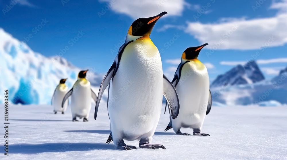 Fototapeta premium Group of Majestic Penguins Walking on Icy Landscape in Antarctica