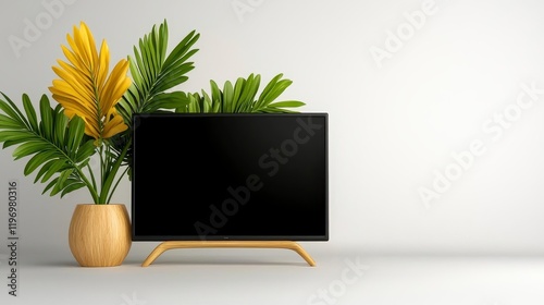 A photostock of a modern flat-screen television with a sleek black frame, displayed against a clean white background, symbolizing home entertainment and technology. High Quality