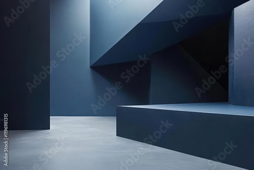 A minimalist interior featuring geometric shapes and a monochromatic blue color scheme.