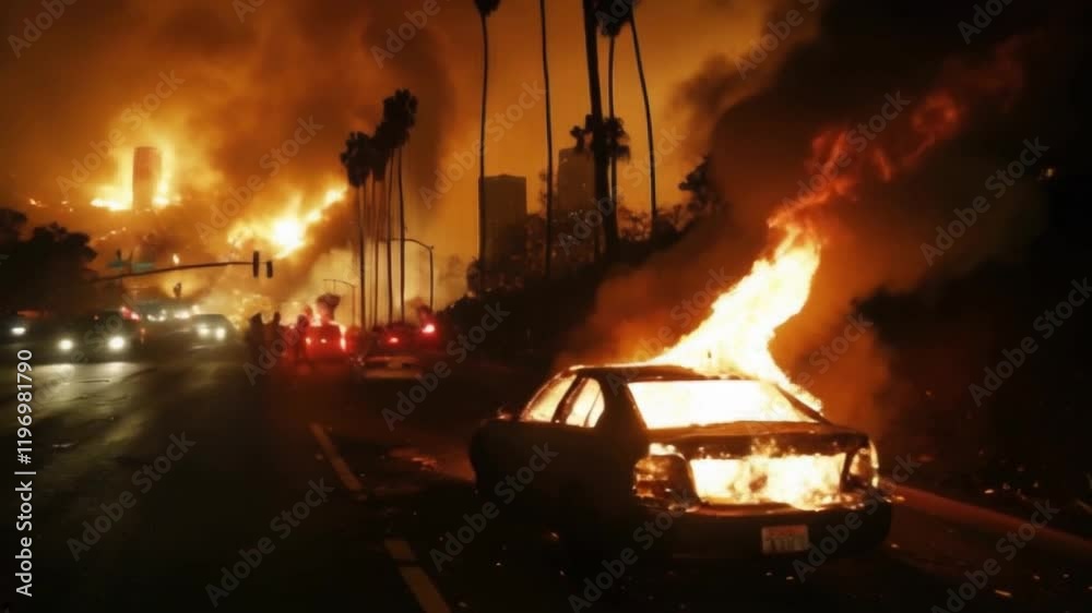 In 2025, wildfires rage through Hollywood Hills, impacting Greater Los Angeles. Flames consume nearby vegetation and vehicles as first responders work tirelessly to manage the crisis