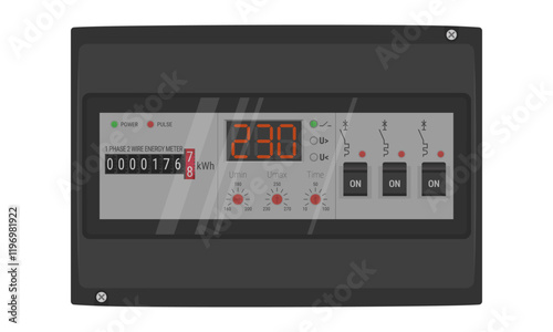 Circuit breaker box with semi transparent door. Black switchboard with installed energy meter, voltage relay and circuit breakers