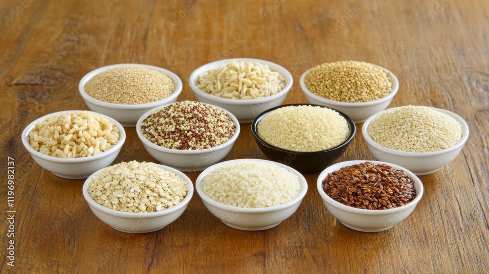 Variety of whole grains like quinoa, barley, and oats arranged in small bowls on a rustic wooden table, showing rich textures and earthy tones Variety of whole grains like quinoa, barley, and oats arranged in small bowls on a rustic wooden table, showing rich textures and earthy tones
