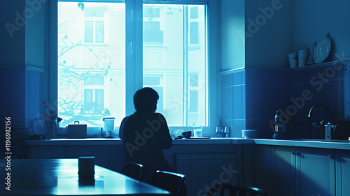 A minimalist kitchen with soft winter light, where a single person sits quietly with a cup of coffee, evoking a calm, solitary moment typical of Blue Monday.