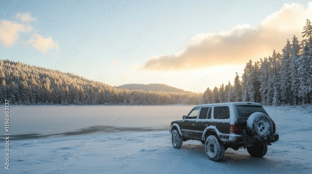 A vehicle covered in snow parked near a frozen lake, with a snow-capped forest in the distance. A vehicle covered in snow parked near a frozen lake, with a snow-capped forest in the distance.
