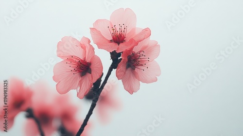 Delicate pink cherry blossoms blooming against a soft gray background