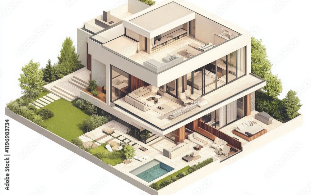 An isometric illustration of a two-story house, showcasing its open-concept design with wide-open living areas and large outdoor spaces for relaxation and entertainment. An isometric illustration of a two-story house, showcasing its open-concept design with wide-open living areas and large outdoor spaces for relaxation and entertainment.