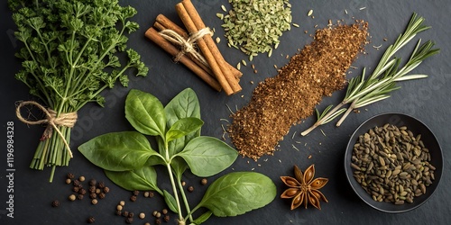 Fototapeta Naklejka Na Ścianę i Meble -  Herbs and spices for cooking on dark background