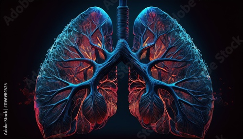 Futuristic digital illustration of human lungs, glowing in blue and red, showcasing bronchial structures and blood vessels, ideal for medical, scientific, or tech-themed visuals. AI photo