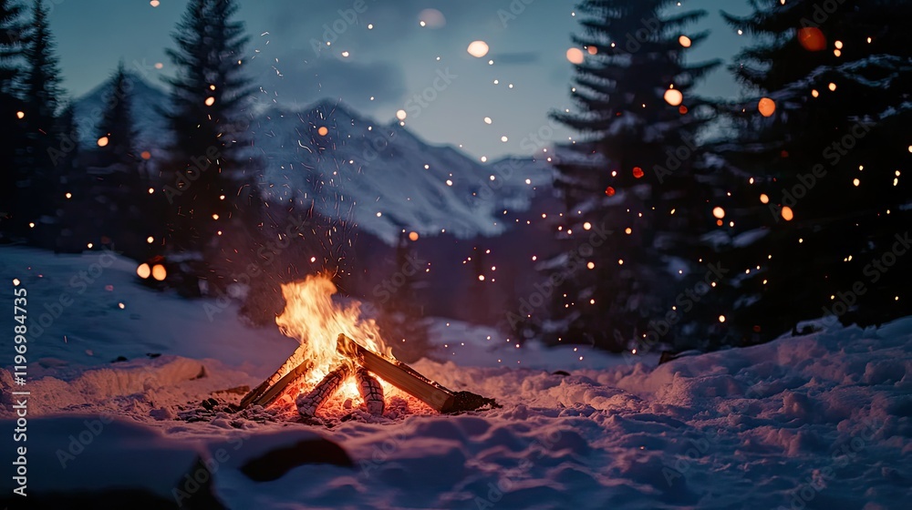 A warm campfire surrounded by untouched snow in a remote alpine forest, with sparks flying into the wintry sky. A warm campfire surrounded by untouched snow in a remote alpine forest, with sparks flying into the wintry sky.