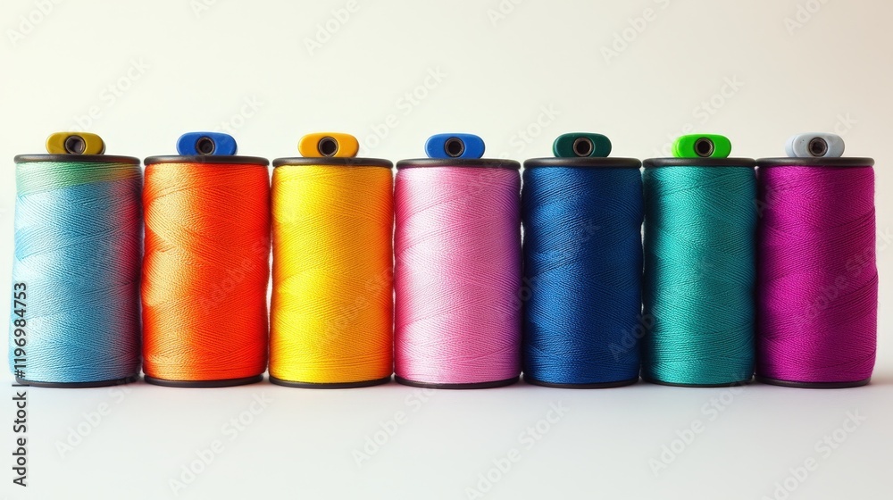 Colorful spools of thread arranged in a vibrant line Colorful spools of thread arranged in a vibrant line
