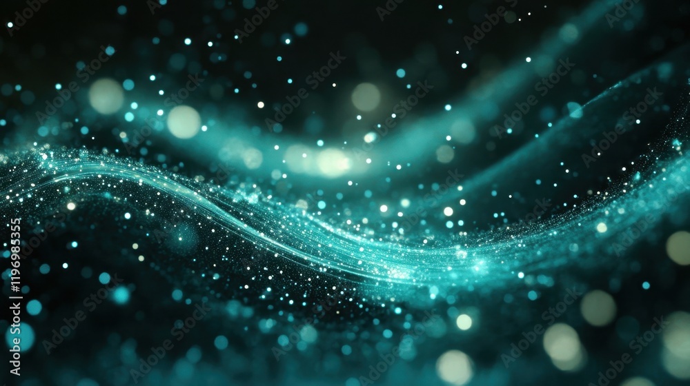 Abstract teal waves with shimmering particles creating a magical effect Abstract teal waves with shimmering particles creating a magical effect
