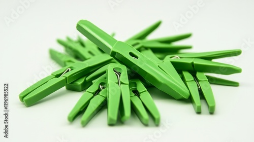 Green plastic clothespins placed on a white background.

 photo