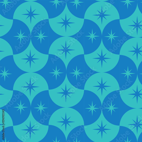 Blue and Turquoise mid century starbursts on scallop geometric shapes seamless pattern. For fabric, wallpaper, home décor photo