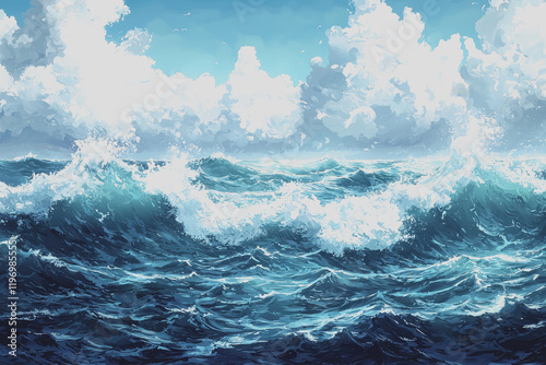Majestic ocean wave painting capturing the power and beauty of natures force surging and crashing with dynamic energy evoking emotion through artistic expression and colorful detail