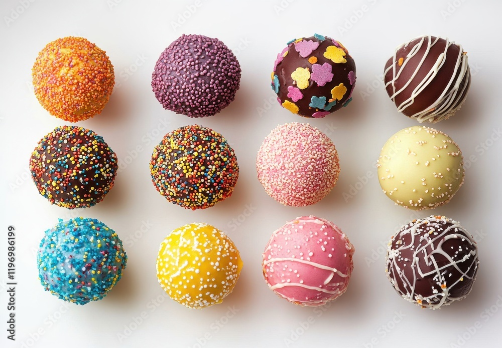 Colorful Round Confections with Sprinkles and Drizzled Chocolate Arranged in a Pattern on White Background Colorful Round Confections with Sprinkles and Drizzled Chocolate Arranged in a Pattern on White Background