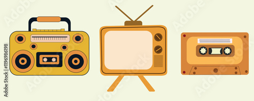 Vintage nostalgic set featuring retro tv, cassette tape and boombox. For stickers, retro posters and retro party invitations