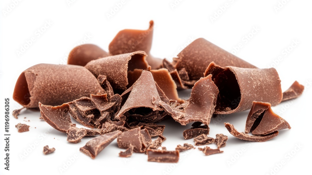 Chocolate pieces and shavings scattered on a surface.
Chocolate pieces and shavings scattered on a surface.