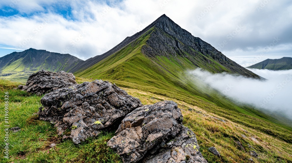 Majestic Mountain Peak Surrounded by Green Hills and Clouds