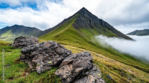 Obraz na płótnie Majestic Mountain Peak Surrounded by Green Hills and Clouds w salonie