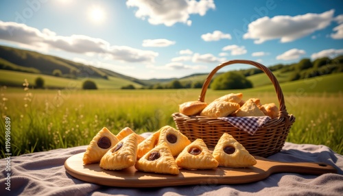 Delicious hamantaschen pastries on elegant plate for purim celebration photo