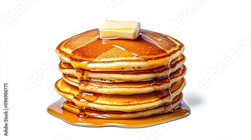 A photostock of a stack of golden pancakes topped with syrup and butter, placed symmetrically on a clean white background, symbolizing indulgence and breakfast. High Quality